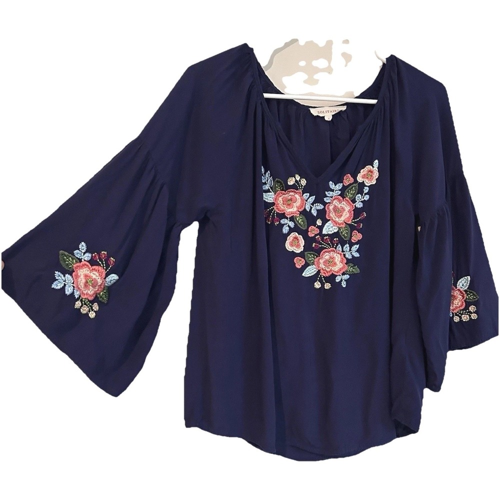 Solitaire Anthropologie Embroidered Boho Blouse Sz S Hippie Floral Bell Sleeve